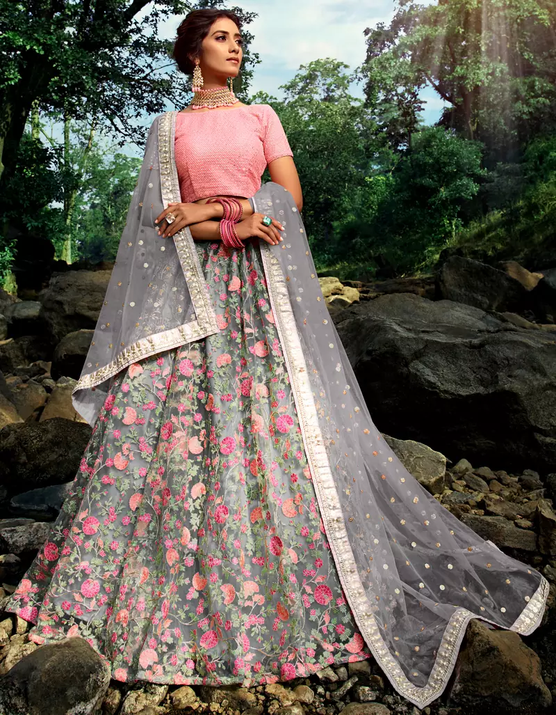 Pleasant Grey Sequins, Zari, and Thread embroidery net Semi Stitched Wedding Lehenga
