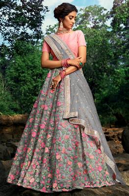 Pleasant Grey Sequins Zari And Thread Embroidery Net Semi Stitched Wedding Lehenga 2