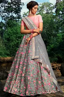 Pleasant Grey Sequins Zari And Thread Embroidery Net Semi Stitched Wedding Lehenga