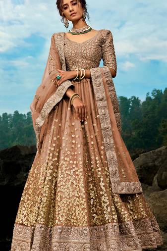 Captivating Brown Dori and Sequins embroidered net semi stitched Lehenga choli for wedding