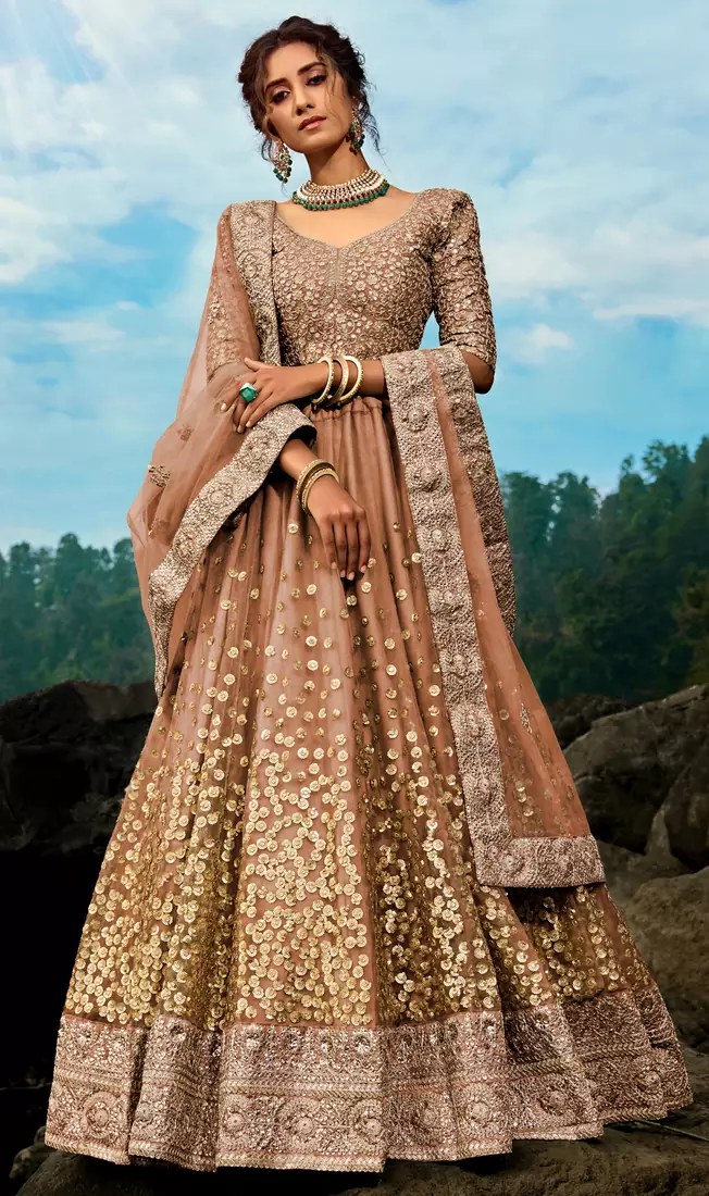 Captivating Brown Dori and Sequins embroidered net semi stitched Lehenga choli for wedding