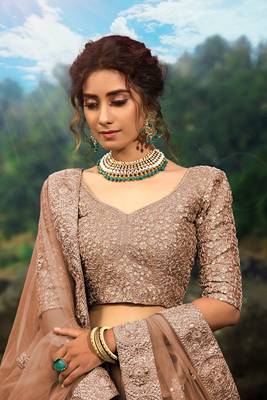 Brown Dori And Sequins Embroidered Net Semi Stitched Lehenga Choli For Wedding 2