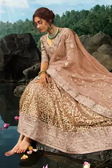 Brown Dori And Sequins Embroidered Net Semi Stitched Lehenga Choli For Wedding