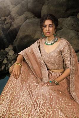 Brown Dori And Sequins Embroidered Net Semi Stitched Lehenga Choli For Wedding 4