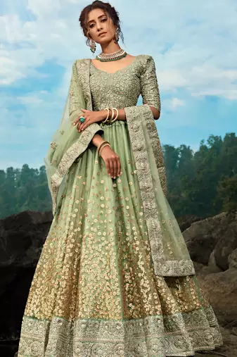 Seductive Green Dori and Sequins embroidered net Lehenga choli for Bride