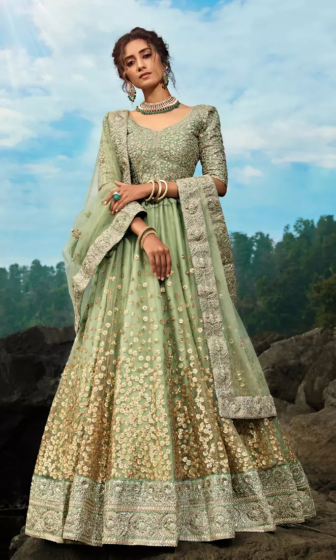 Seductive Green Dori and Sequins embroidered net Lehenga choli for Bride