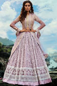 MESMERIZING Lilac thread and Zari embroidered net semi stitched lehenga