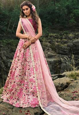 Lovable Light Pink And Wine Thread And Zari Embroidered Net Semi Stitched Lehenga Choli For Bride 1