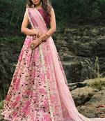 Lovable Light Pink And Wine Thread And Zari Embroidered Net Semi Stitched Lehenga Choli For Bride