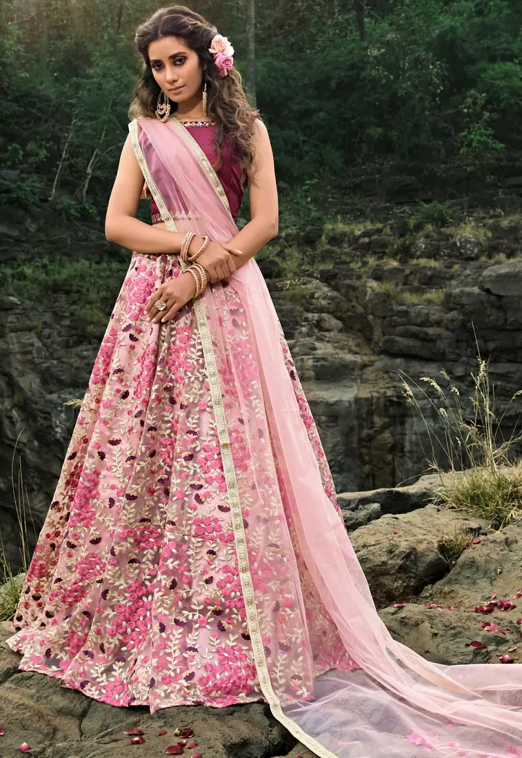 Lovable Light pink and wine Thread and Zari embroidered net Semi Stitched Lehenga Choli for bride
