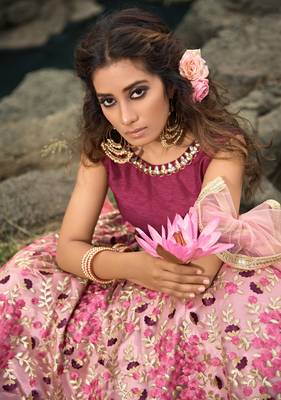 Lovable Light Pink And Wine Thread And Zari Embroidered Net Semi Stitched Lehenga Choli For Bride 2