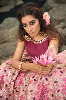 Lovable Light Pink And Wine Thread And Zari Embroidered Net Semi Stitched Lehenga Choli For Bride
