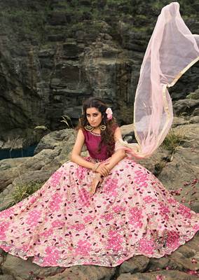 Lovable Light Pink And Wine Thread And Zari Embroidered Net Semi Stitched Lehenga Choli For Bride 3