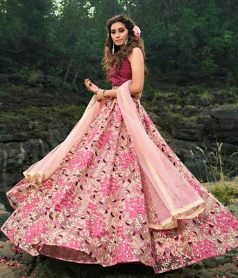 Lovable Light Pink And Wine Thread And Zari Embroidered Net Semi Stitched Lehenga Choli For Bride 4