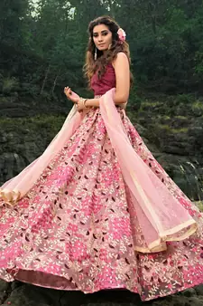 Lovable Light Pink And Wine Thread And Zari Embroidered Net Semi Stitched Lehenga Choli For Bride