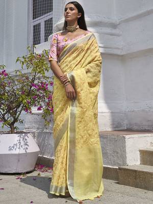 Yellow embroidered linen saree with blouse 1