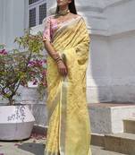 Yellow embroidered linen saree with blouse