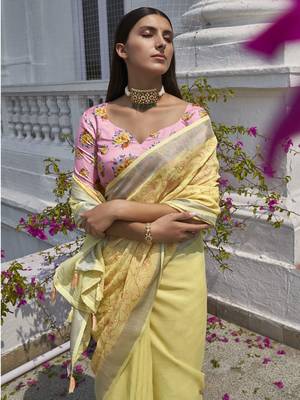 Yellow embroidered linen saree with blouse 2