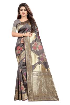 Grey Woven Jacuard Kanjivaram Silk Sari with Blouse 1