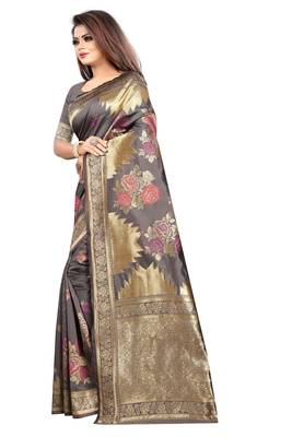 Grey Woven Jacuard Kanjivaram Silk Sari with Blouse 2