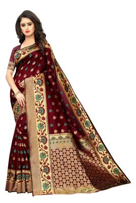 Maroon Woven Jacuard Kanjivaram Cotton Silk Sari with Blouse 1