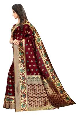Maroon Woven Jacuard Kanjivaram Cotton Silk Sari with Blouse 2
