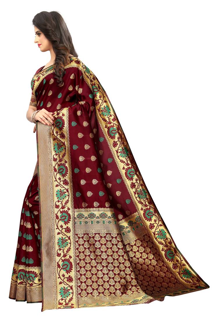 Maroon Woven Jacuard Kanjivaram Cotton Silk Sari with Blouse