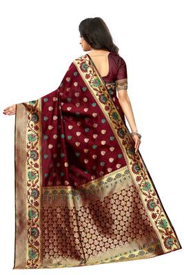 Maroon Woven Jacuard Kanjivaram Cotton Silk Sari with Blouse 3