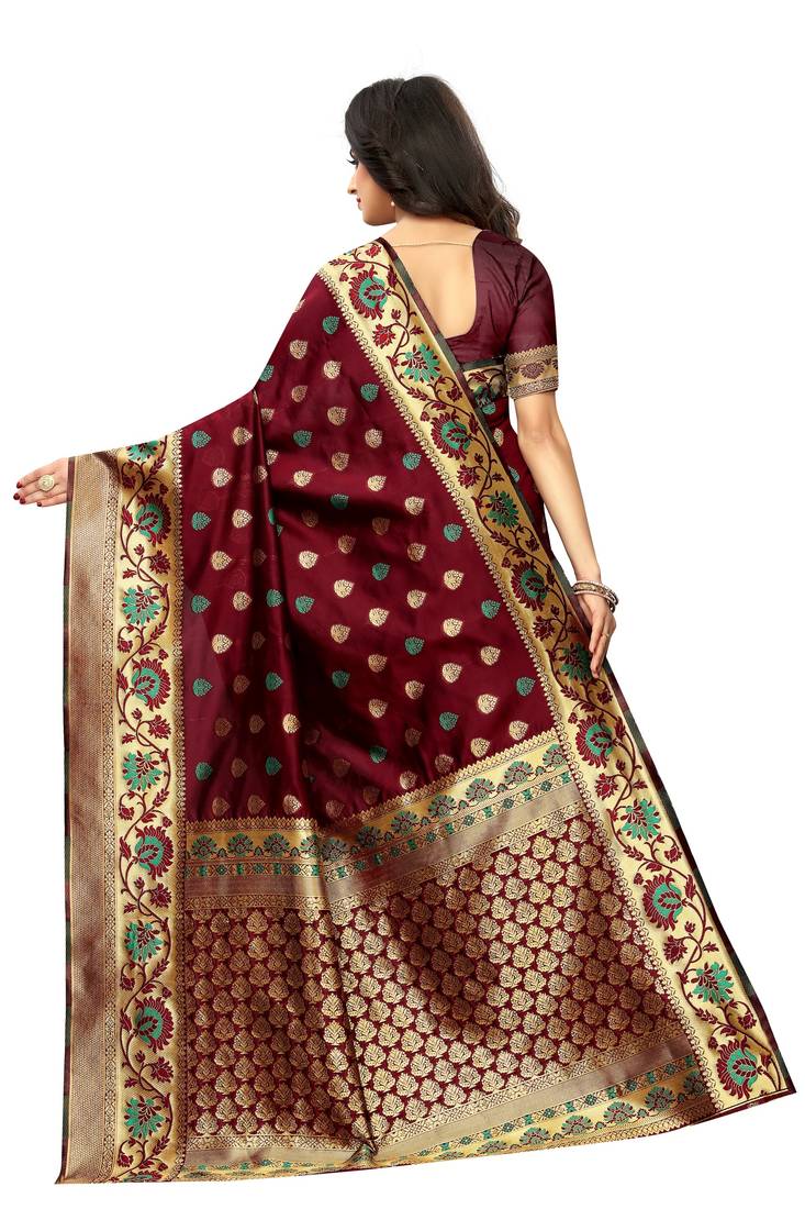 Maroon Woven Jacuard Kanjivaram Cotton Silk Sari with Blouse