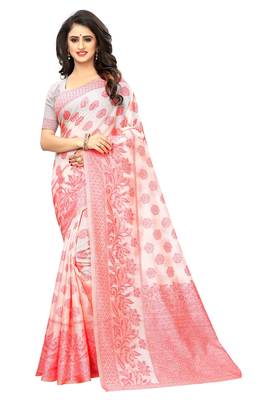 White Woven Jacuard Kanjivaram Cotton Silk Sari with Blouse 1