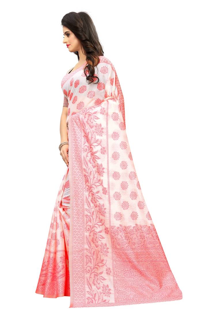 White Woven Jacuard Kanjivaram Cotton Silk Sari with Blouse