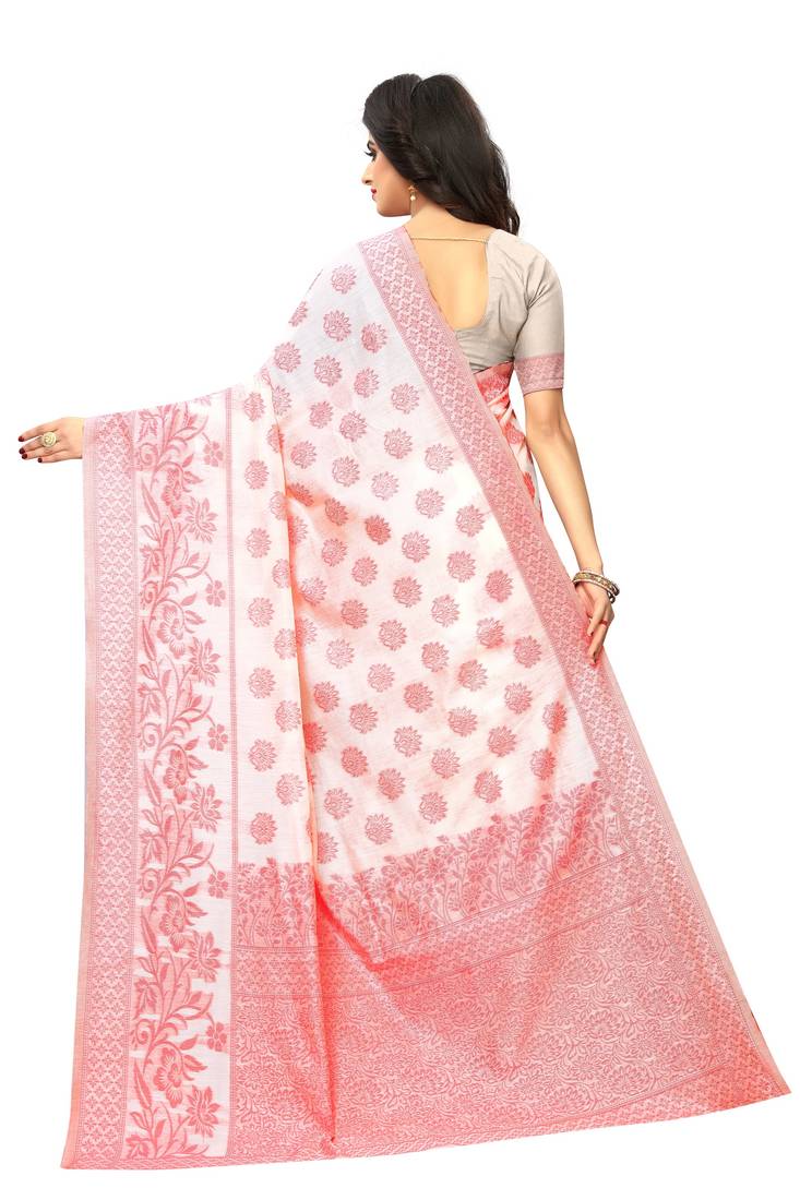 White Woven Jacuard Kanjivaram Cotton Silk Sari with Blouse