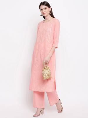 Women's  Peach Cotton Gota Work Straight Kurta Palazzo Set 2