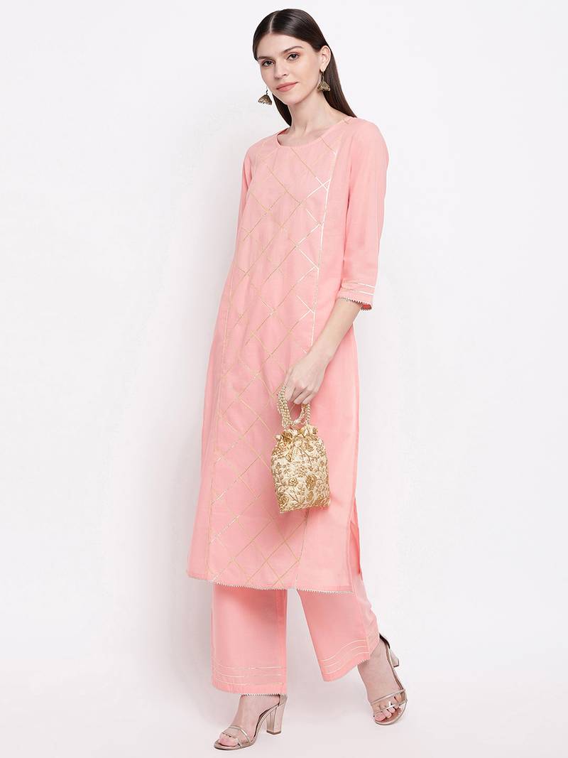 Women's  Peach Cotton Gota Work Straight Kurta Palazzo Set