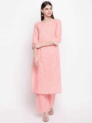 Women's  Peach Cotton Gota Work Straight Kurta Palazzo Set 3
