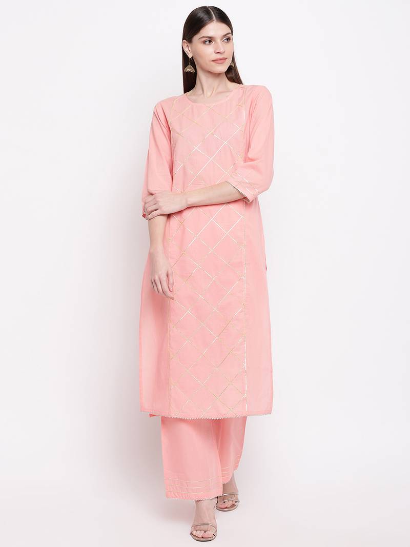 Women's  Peach Cotton Gota Work Straight Kurta Palazzo Set