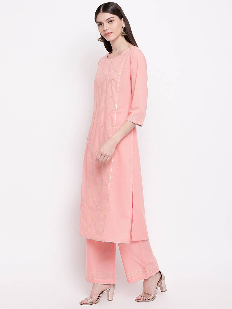 Women's  Peach Cotton Gota Work Straight Kurta Palazzo Set
