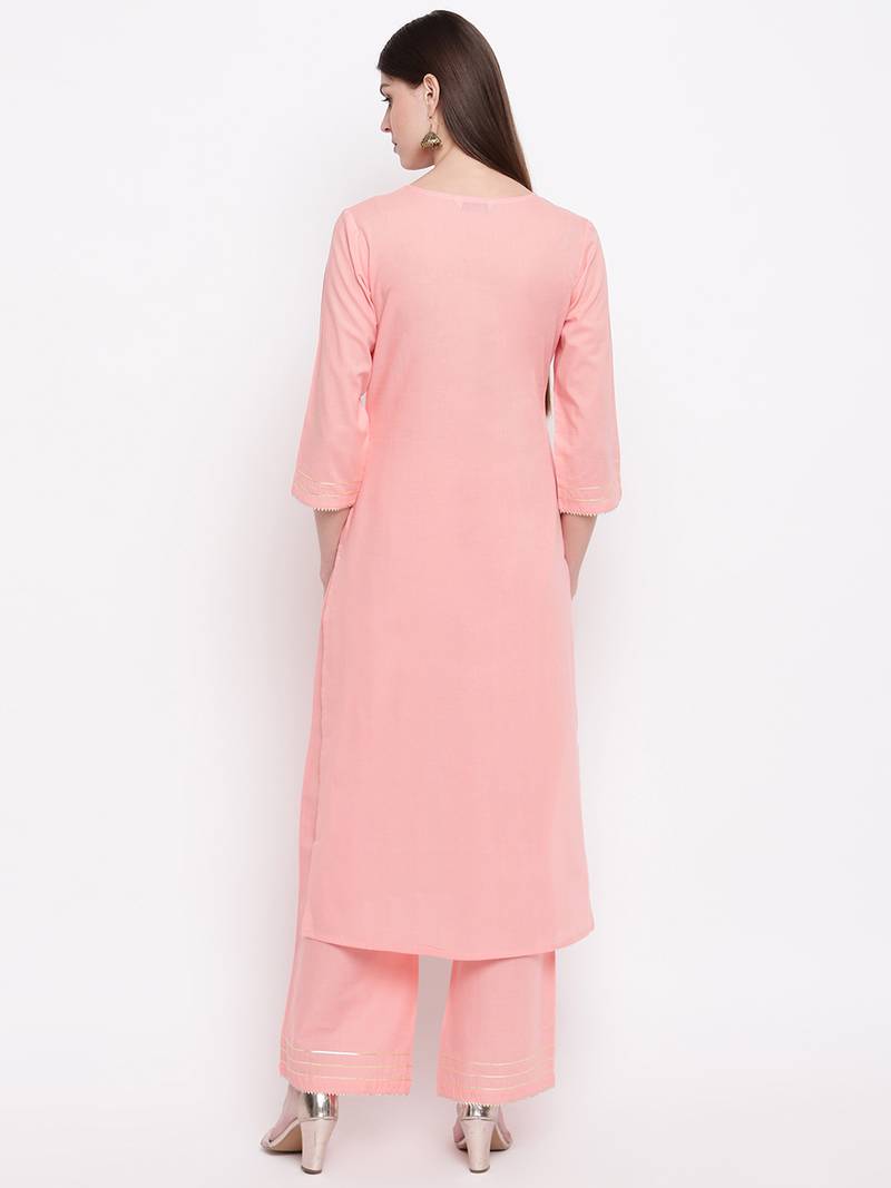Women's  Peach Cotton Gota Work Straight Kurta Palazzo Set