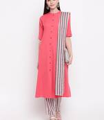Women's  Peach Cotton Striped Printed A-line Kurta Pant Dupatta Set