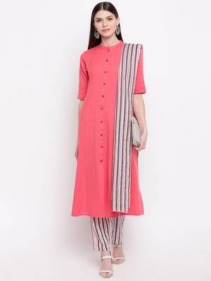 Women's  Peach Cotton Striped Printed A-line Kurta Pant Dupatta Set 2