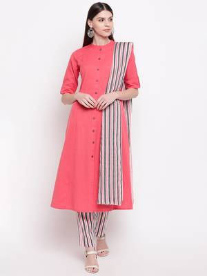 Women's  Peach Cotton Striped Printed A-line Kurta Pant Dupatta Set 3