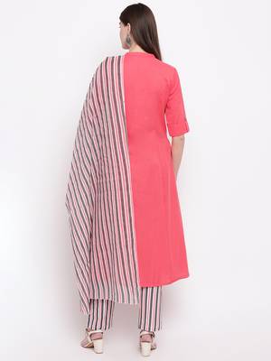 Women's  Peach Cotton Striped Printed A-line Kurta Pant Dupatta Set 4