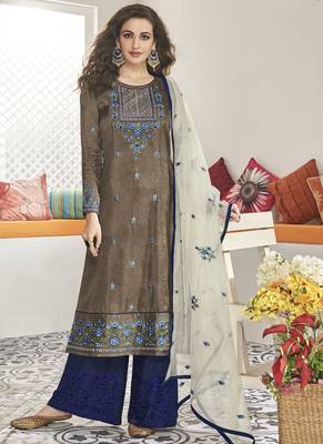 Grey Muslin Embrodiery Readymade Suit 1