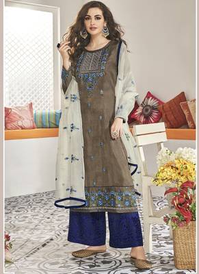 Grey Muslin Embrodiery Readymade Suit 2