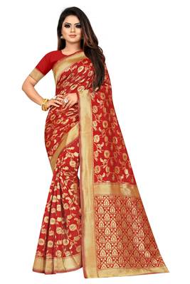 Red Woven Jacuard Kanjivaram Silk Sari with Blouse 1