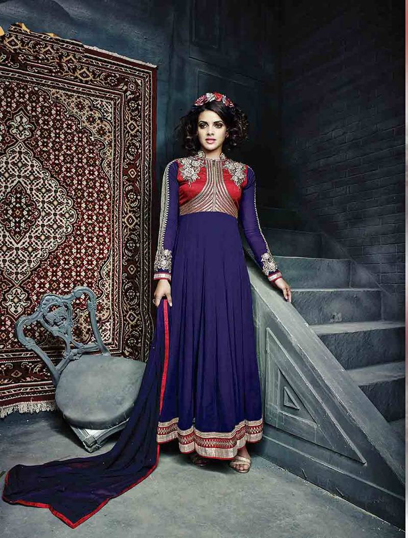 Blue and Red embroidered Georgette semi stitched salwar with dupatta