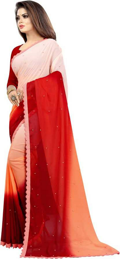 red Emblished Padding Georgette Silk Sari with Blouse
