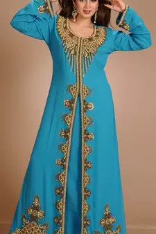 Turqoise Zari Work Stones & Beads Embellish Georgette  Islamic Style Arabian Maxi Partywear Kaftan