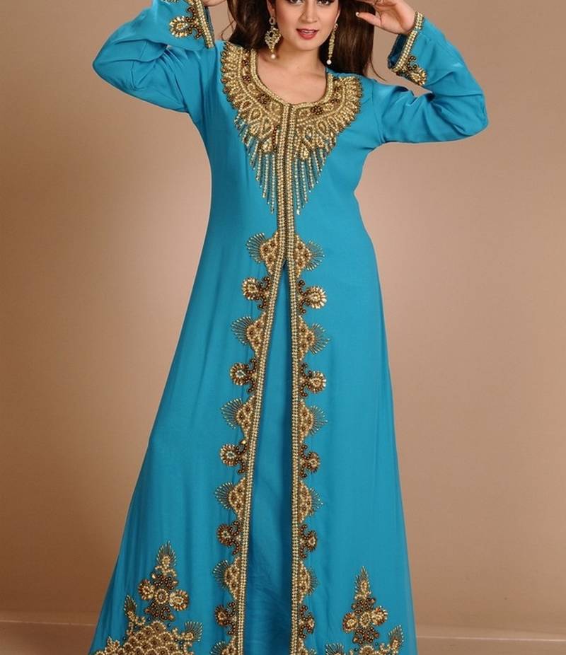 Turqoise Zari Work Stones & Beads Embellish Georgette  Islamic Style Arabian Maxi Partywear Kaftan
