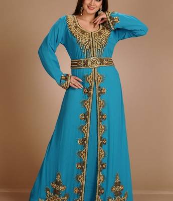 Turqoise Zari Work Stones & Beads Embellish Georgette  Islamic Style Arabian Maxi Partywear Kaftan 3